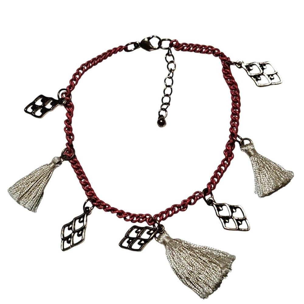 Retro Red Chain Charm Bracelet Gold Tone Metal Charms White Tassels Statement